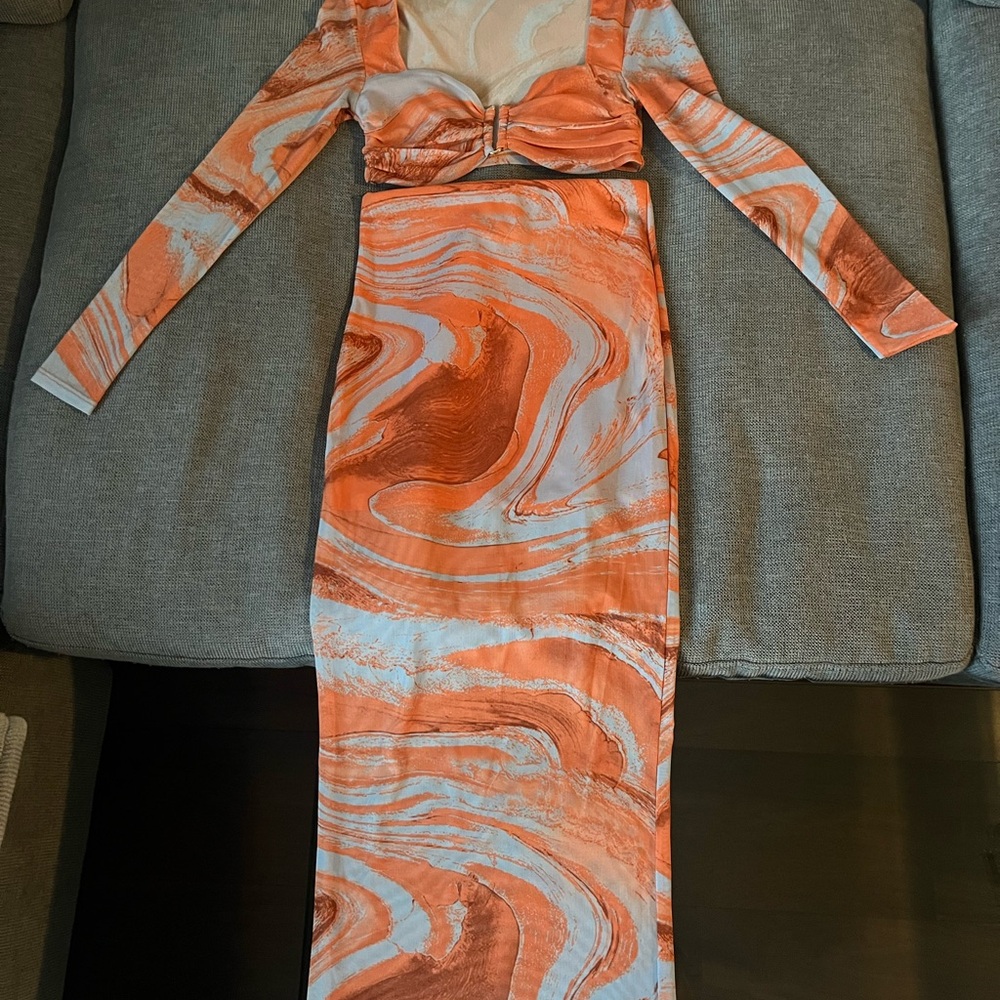 SHEIN Orange Swirl Long Sleeve with skirt two piece set.